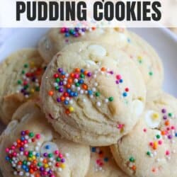 Vanilla pudding cookies with colorful rainbow sprinkles on top.