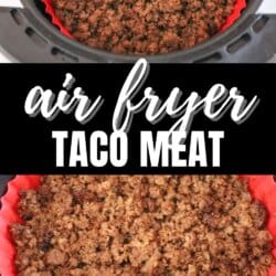 Ground beef seasoned with taco spices and cooked in the basket of an air fryer with a red liner.