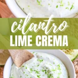 White bowl of crema sauce topped with lime zest with a wooden spoon dipped in on the left, surrounded by fresh lime and cilantro.