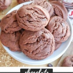 Baked chocolate pudding cookies on a white plate.