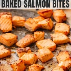 Baked salmon cubes on a baking sheet.