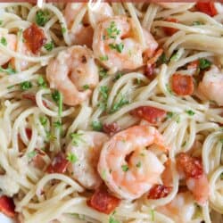Spaghetti noodles in creamy white sauce with cooked shrimp, bacon bits and fresh parsley.