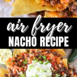 Nachos piled high with ground beef, pico and melted cheese on parchment paper.