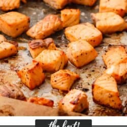Salmon bites baked on a cookie sheet.