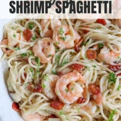 Spaghetti noodles in creamy white sauce with cooked shrimp, bacon bits and fresh parsley.