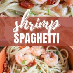Spaghetti noodles in creamy white sauce with cooked shrimp, bacon bits and fresh parsley.