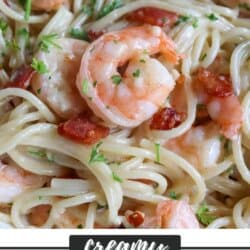 Spaghetti noodles in creamy white sauce with cooked shrimp, bacon bits and fresh parsley.