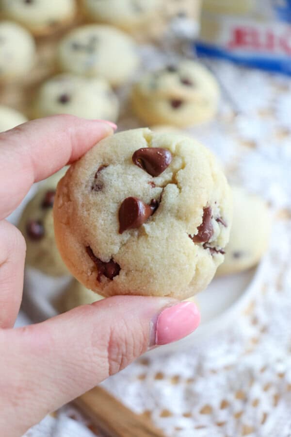 Chocolate chip cookies piled on a white plate with one being held in a hand.