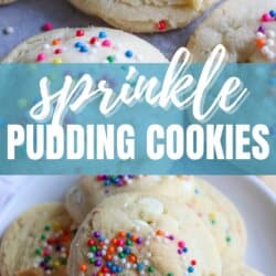 Vanilla pudding cookies with colorful rainbow sprinkles on top.
