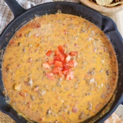 Creamy cheese dip with ground beef mixed and melted in a skillet topped with diced tomatoes and surrounded by round tortilla chips.