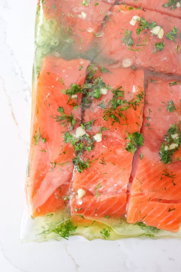 Salmon filets in a freezer bag with lemon and garlic marinade.