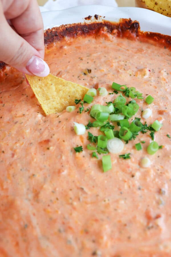 A tortilla chip with dip held in a hand over a dish of cheesy salsa dip topped with diced green onions.