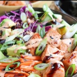 Grilled salmon and vegetables on a bowl of rice drizzled in teriyaki sauce and spicy mayo.