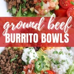 Large white bowl filled with cooked ground taco beef, rice, pico, corn, beans, cheddar cheese and cherry totmatoes, topped with guacamole and sour cream.