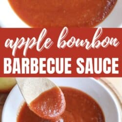 Apple bourbon BBQ sauce in a small white bowl with a wooden spoon dipping into it.