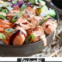 Grilled salmon and vegetables on a bowl of rice drizzled in teriyaki sauce and spicy mayo.