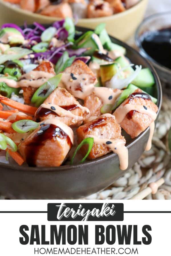 Grilled salmon and vegetables on a bowl of rice drizzled in teriyaki sauce and spicy mayo.