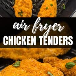 Breaded chicken strips in the basket of an air fryer.