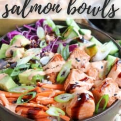 Grilled salmon and vegetables on a bowl of rice drizzled in teriyaki sauce and spicy mayo.