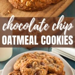Oatmeal chocolate chip cookies stacked on a white plate.