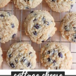 Chocolate chip cookies made with almond flour and cottage cheese on a wire rack.