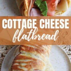 Flatbread wrap filled with lettuce, tomato, ham and cheese, cut in half diagonally and placed on a cream plate.