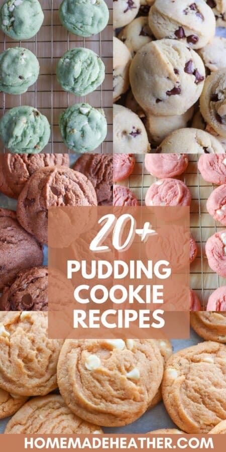 A variety of pudding cookies all stacked on one another with a text overlay.