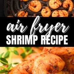Seasoned shrimp cooked in the basket of an air fryer.
