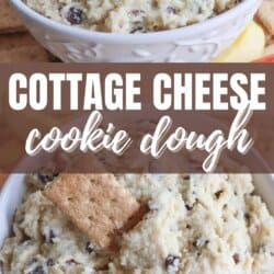 Cookie dough in a white bowl with a graham cracker sticking out.