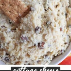 Cookie dough in a white bowl with a graham cracker sticking out.