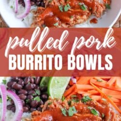 Pulled pork and vegetables over rice in a large white bowl topped with barbecue sauce.