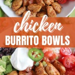 Cooked chicken bites with seasoning in a large white bowl with rice, diced avocado, black beans, corn kernels, cherry tomatoes, pico and sour cream topped with a slice of jalapeno and lime.