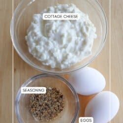 Ingredients for cottage cheese flat bread in clear glass bowls on a wood table.
