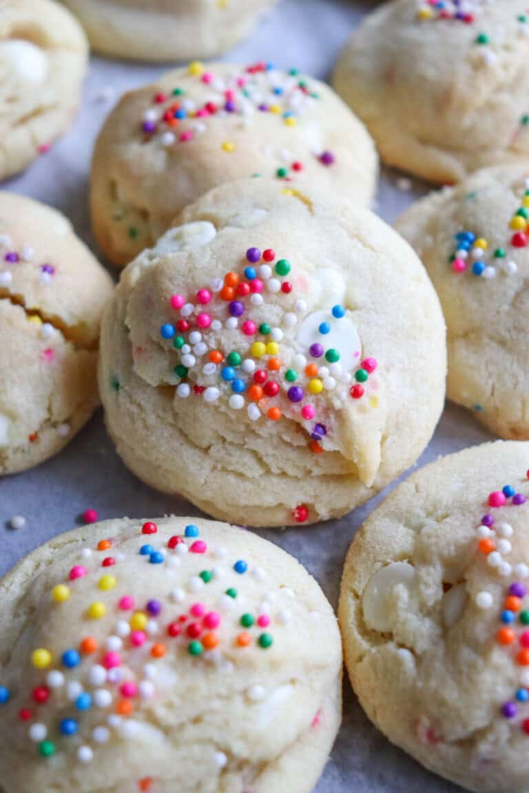 White pudding cookies with rainbow sprinkles.