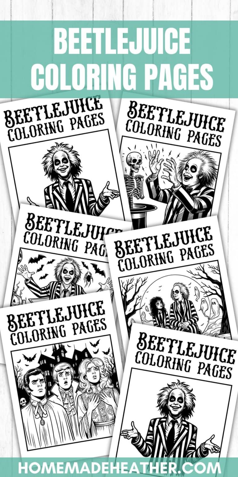 Beetlejuice coloring pages in black and white on a flatlay.