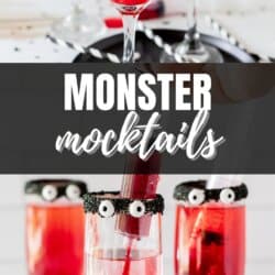 Champagne glasses with black frosting on the rim, candy eyes and sprite died red with a syringe full of food grenadine.