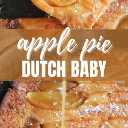 Dutch baby with apple slices and a caramel drizzle in a cast iron skillet.