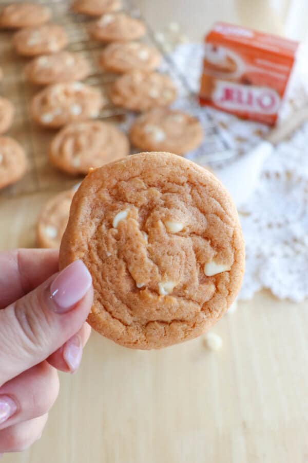 Butterscotch cookie with white chocolate chips held in a hand.