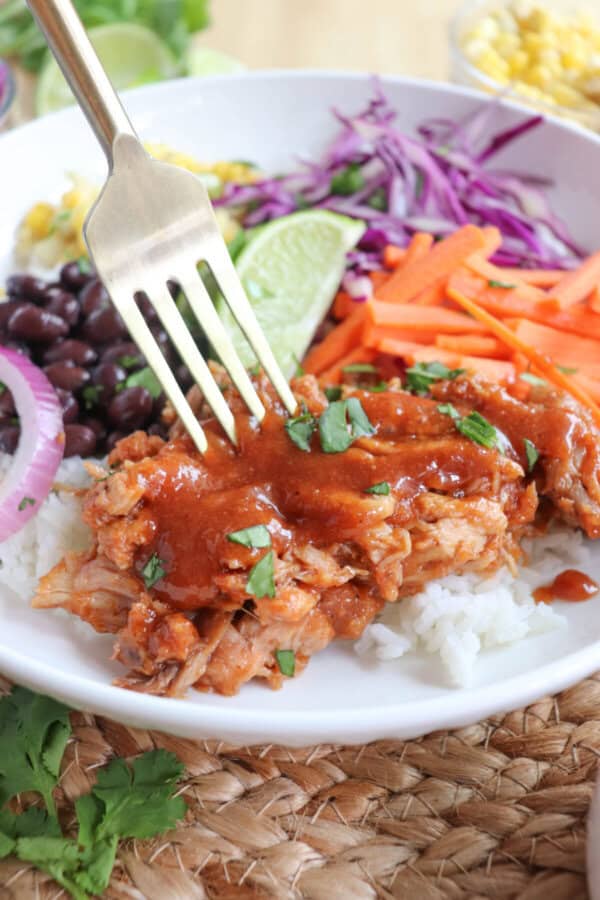 Pulled pork and vegetables over rice in a large white bowl topped with barbecue sauce.