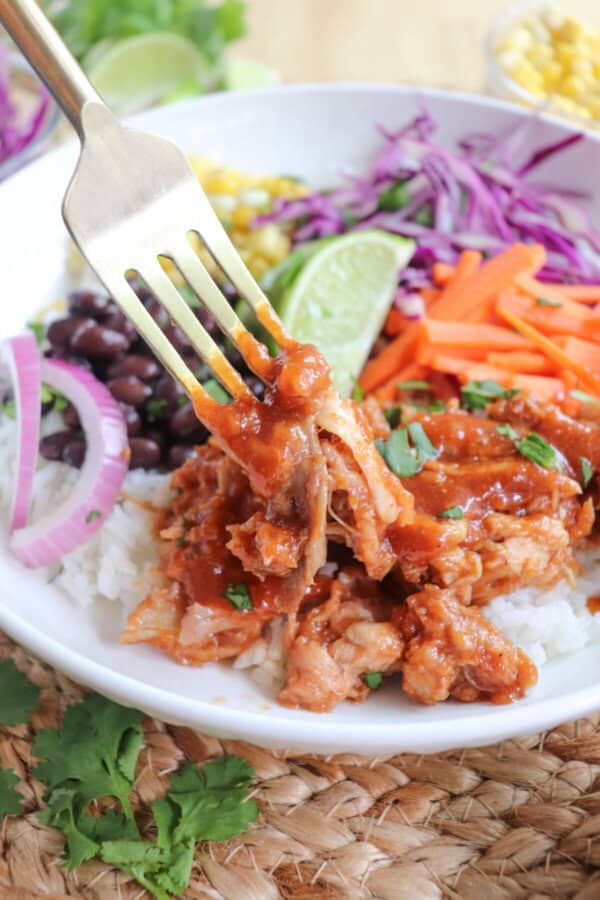 Pulled pork and vegetables over rice in a large white bowl topped with barbecue sauce.