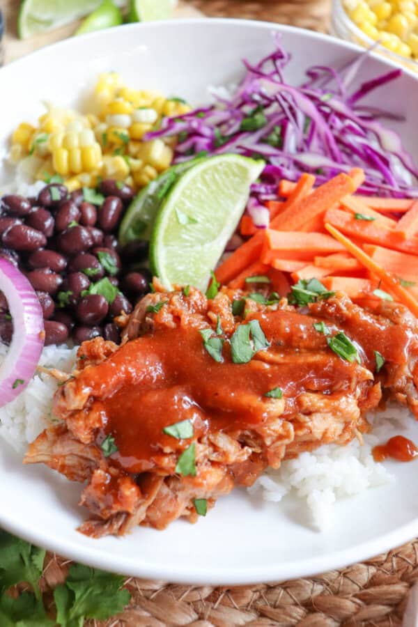 Close up of Pulled pork and vegetables over rice in a large white bowl topped with barbecue sauce.