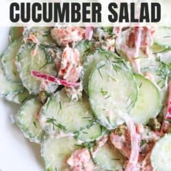 Sliced cucumbers with pieces of smoked salmon and pickled onions covered in a creamy dill sauce in a white bowl.