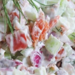 Diced celery, red onion and smoked salmon covered in creamy white mayonnaise in a clay bowl with a sprig of fresh dill on top.