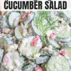 Sliced cucumbers in tzatziki sauce with diced pickled onions and dill in a white bowl.