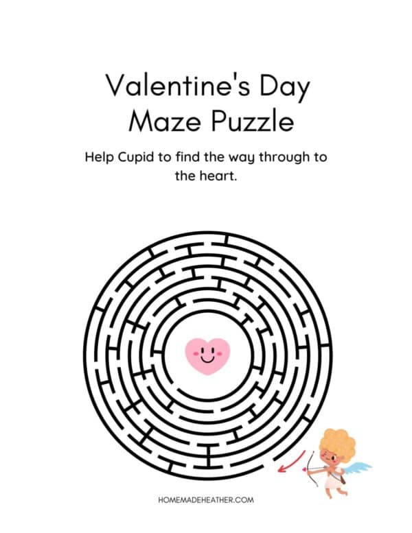 Valentine's Day maze printables on a white flat lay.