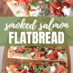 A flatbread topped with smoked salmon, mustard greens, goat cheese and balsamic vinegar, cut into strips on a wooden board.