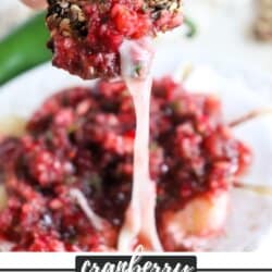 Cranberry red salsa on top of a round of melted brie on a white plate.
