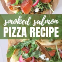 Small round pizza on a wooden cutting board topped with fresh arugula, smoked salmon, goat cheese and pickled onions.