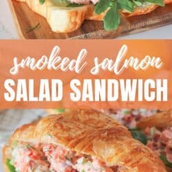 Smoked salmon salad in a fresh croissant with arugula on a wooden cutting board.