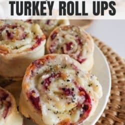 Buns filled with turkey, cranberry sauce and melty white cheese on a white plate.